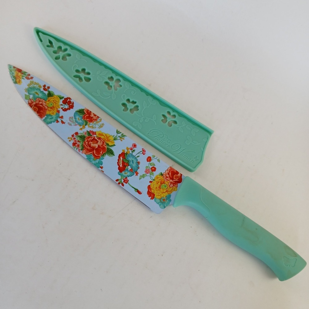 The Pioneer Woman 13.5 Inch Teal CHEF'S Knife w/ Sheath Floral Design 8" Blade